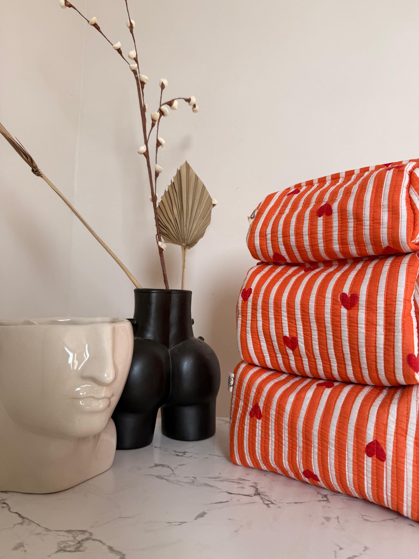 Kantha Stitch Hearts Pouch Set: Embroidered Cotton Travel Bags