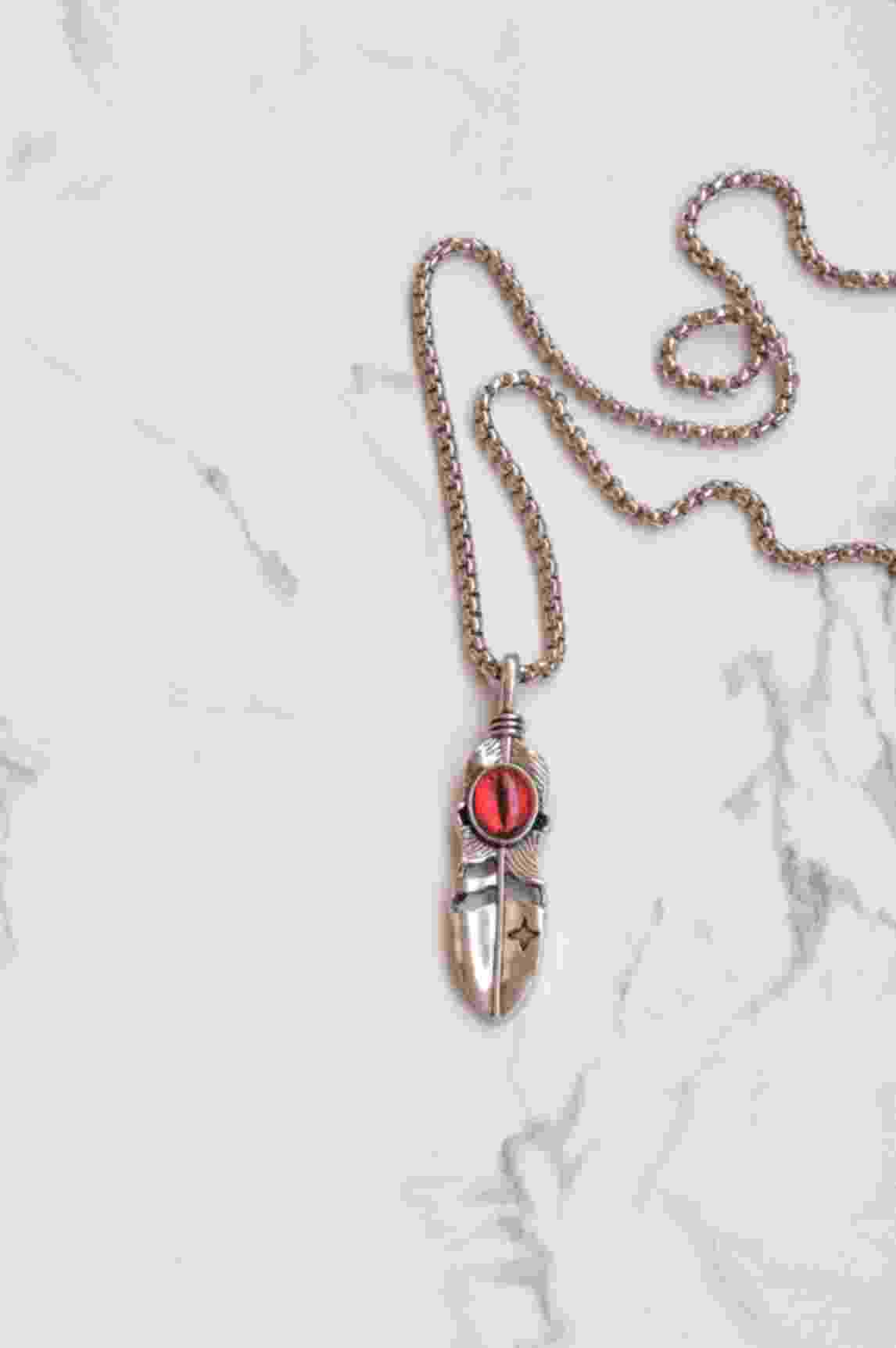 Red Eye Feather Pendent Chain Included