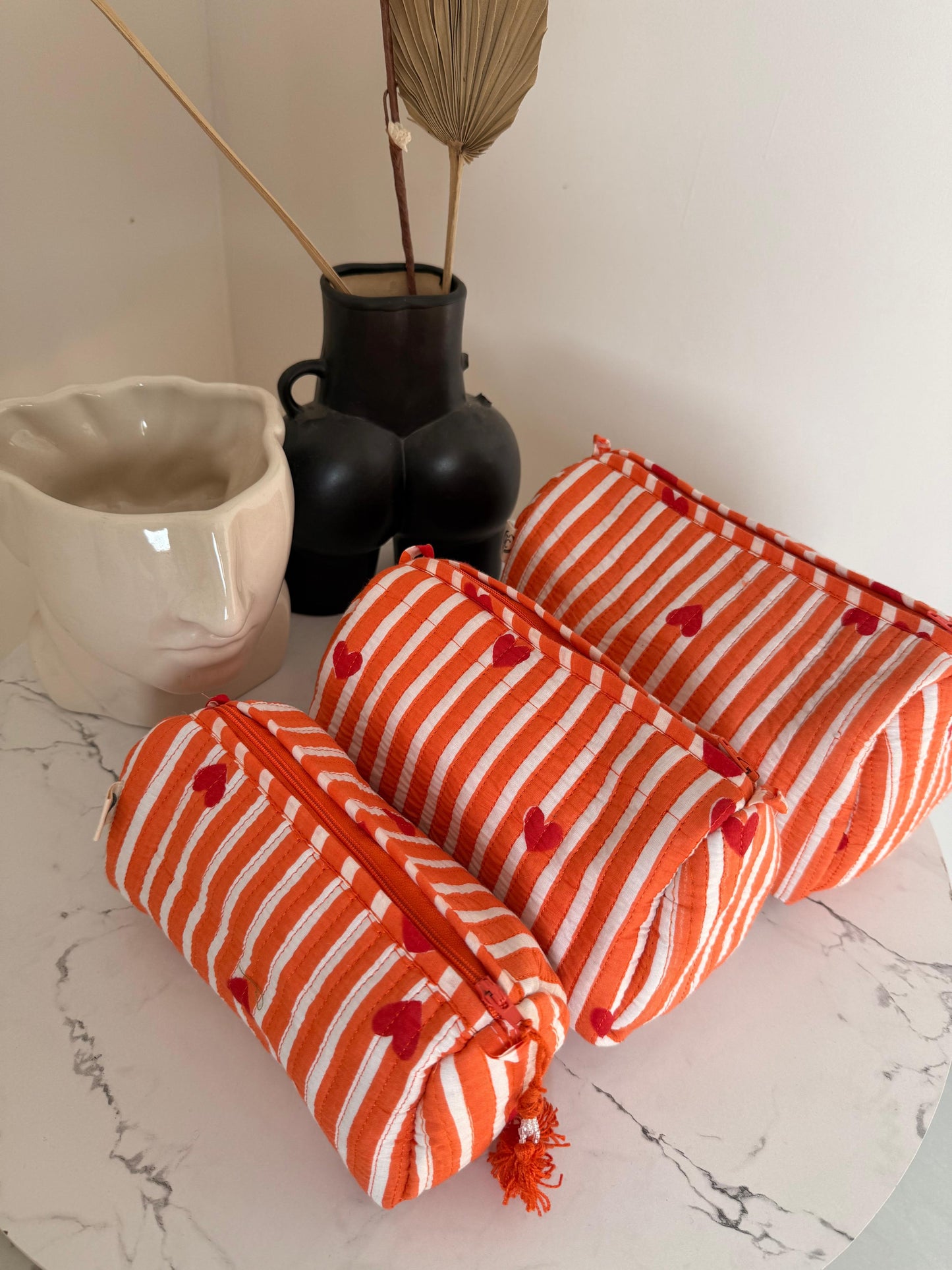 Kantha Stitch Hearts Pouch Set: Embroidered Cotton Travel Bags