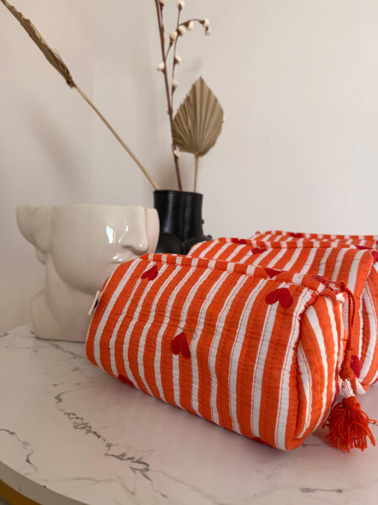 Kantha Stitch Hearts Pouch Set: Embroidered Cotton Travel Bags