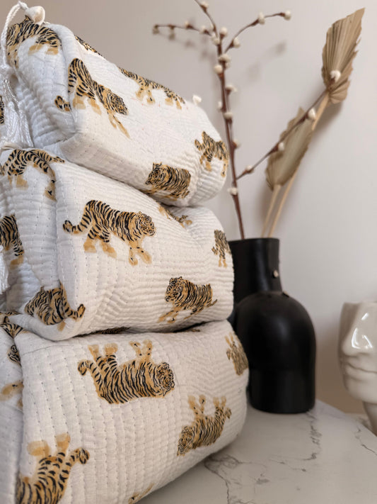 White Indian Floral Embroidered Cotton Pouch: Artisan Kantha Stitch