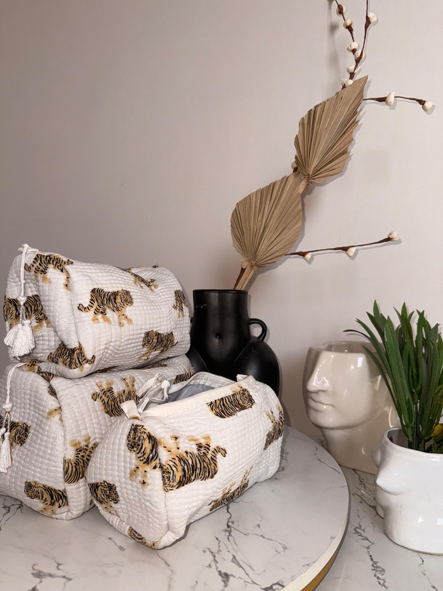 White Indian Floral Embroidered Cotton Pouch: Artisan Kantha Stitch