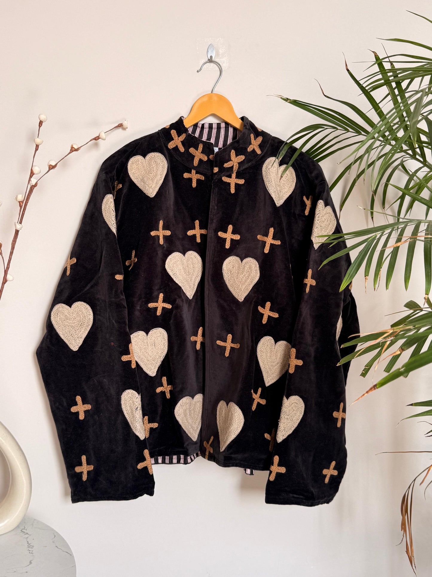 Velvet Kantha Hearts Embroidery Pintresty Patchworked Jacket