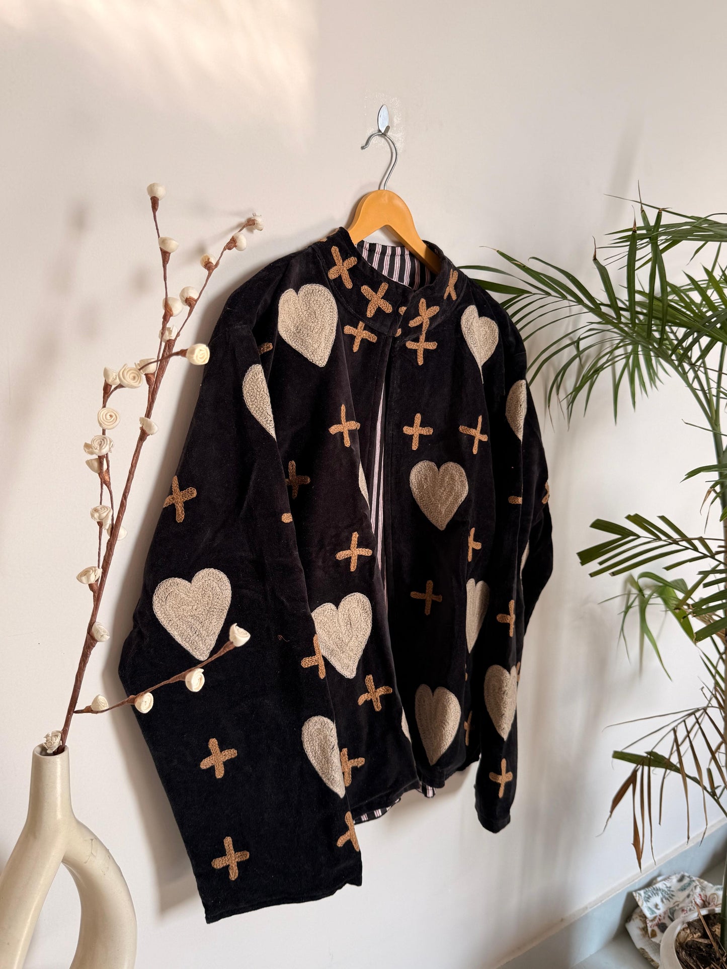 Velvet Kantha Hearts Embroidery Pintresty Patchworked Jacket