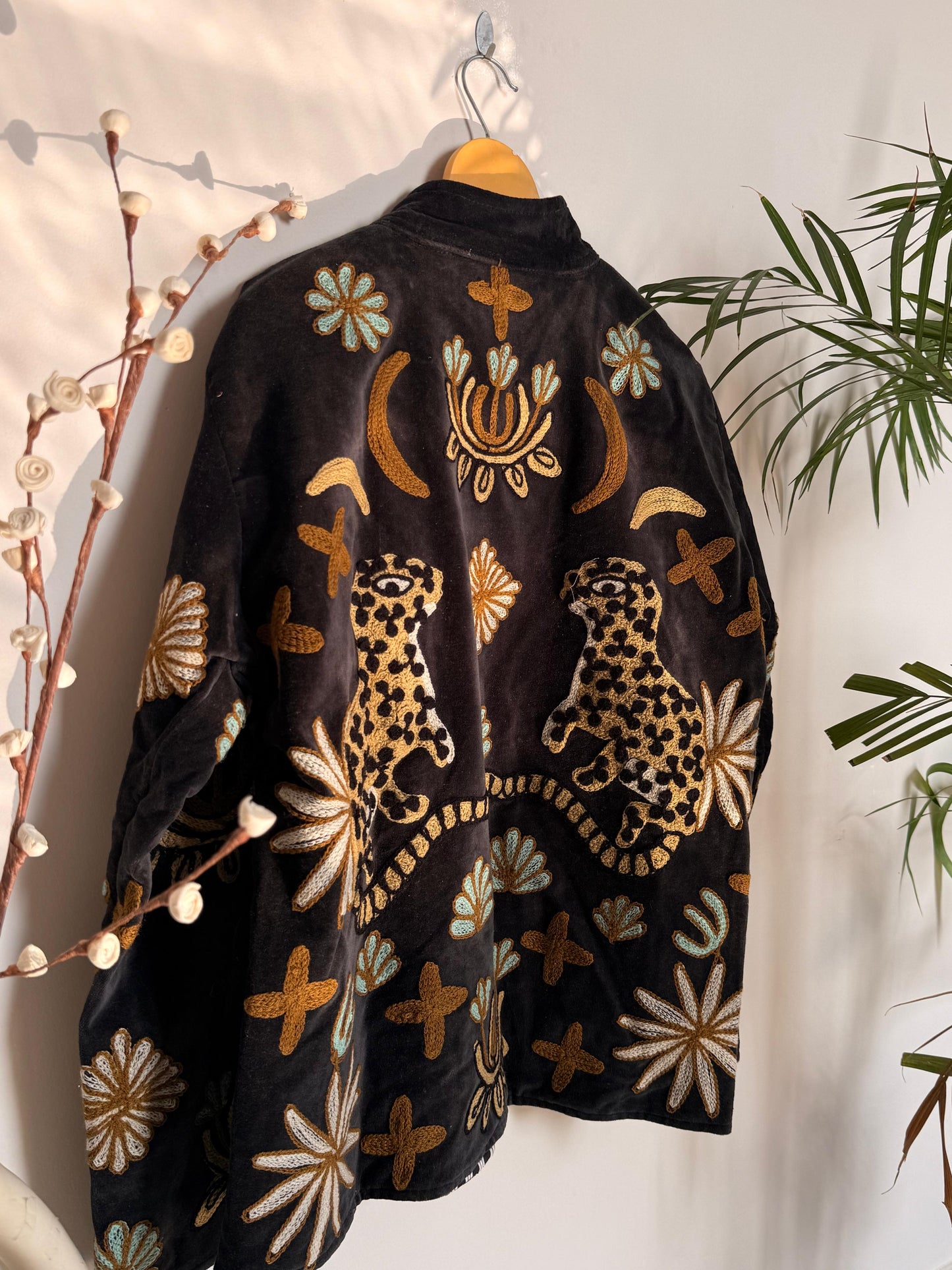 Velvet Kantha Patchworked Embroidery Animal Print Jacket