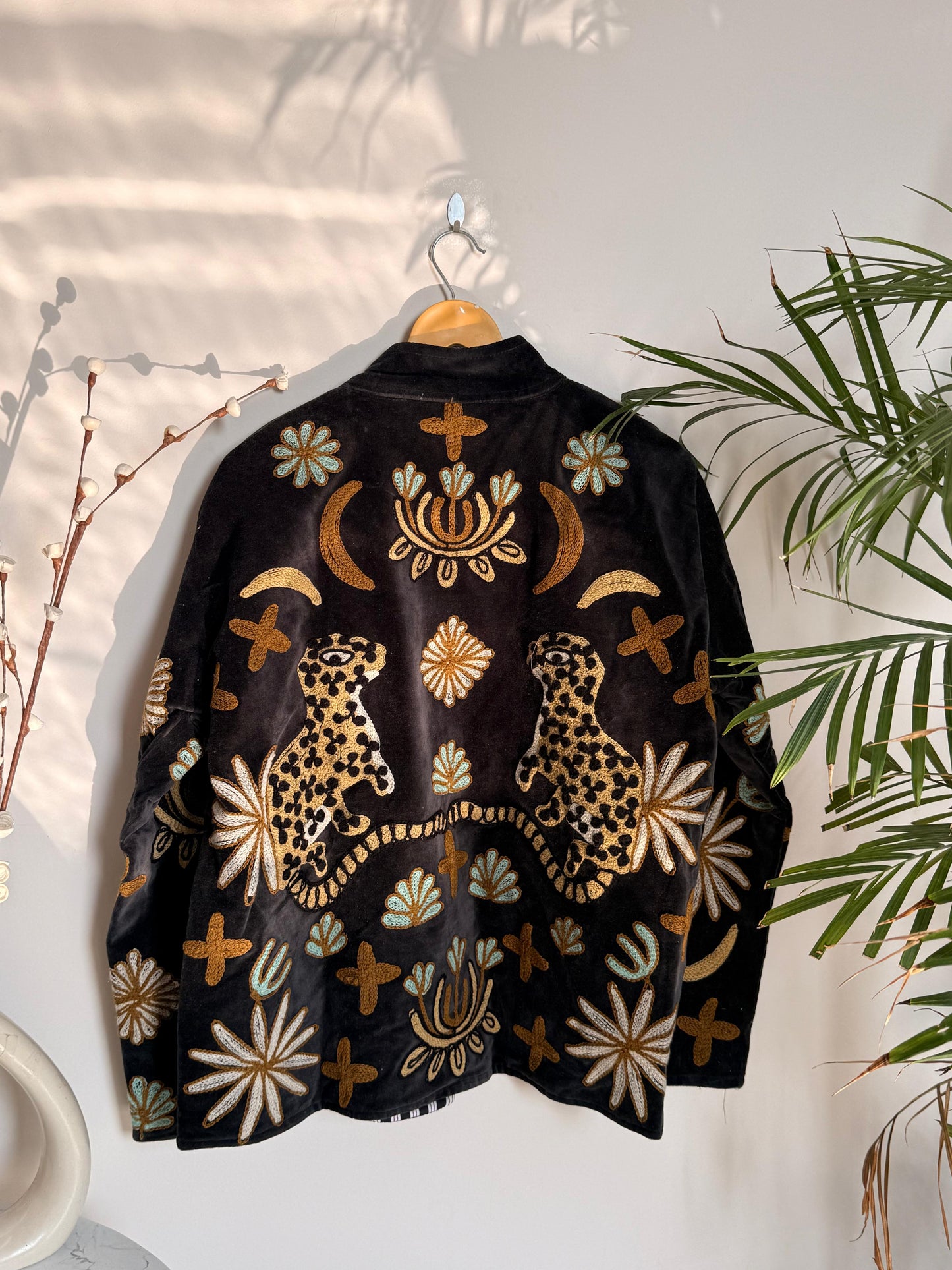 Velvet Kantha Patchworked Embroidery Animal Print Jacket
