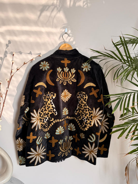 Velvet Kantha Patchworked Embroidery Animal Print Jacket