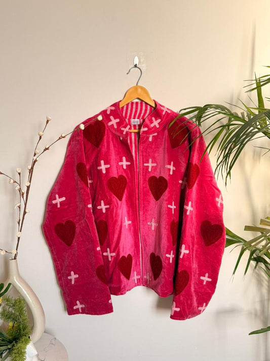 Pink Velvet Kantha Hearts Pintresty Patchworked Jacket