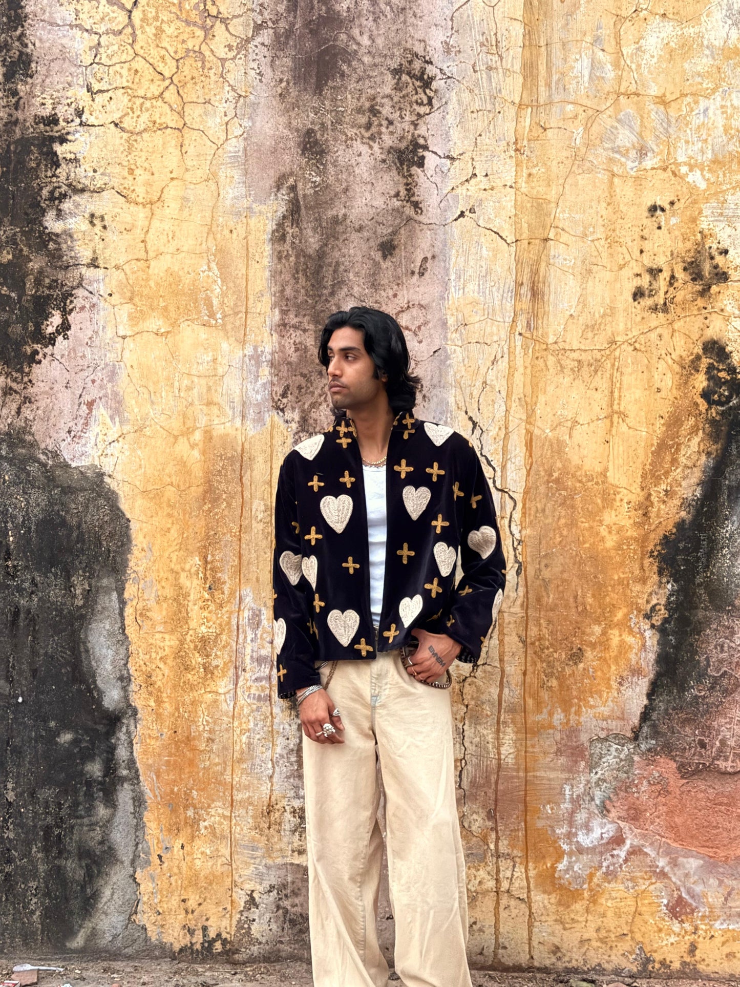 Velvet Kantha Hearts Embroidery Pintresty Patchworked Jacket