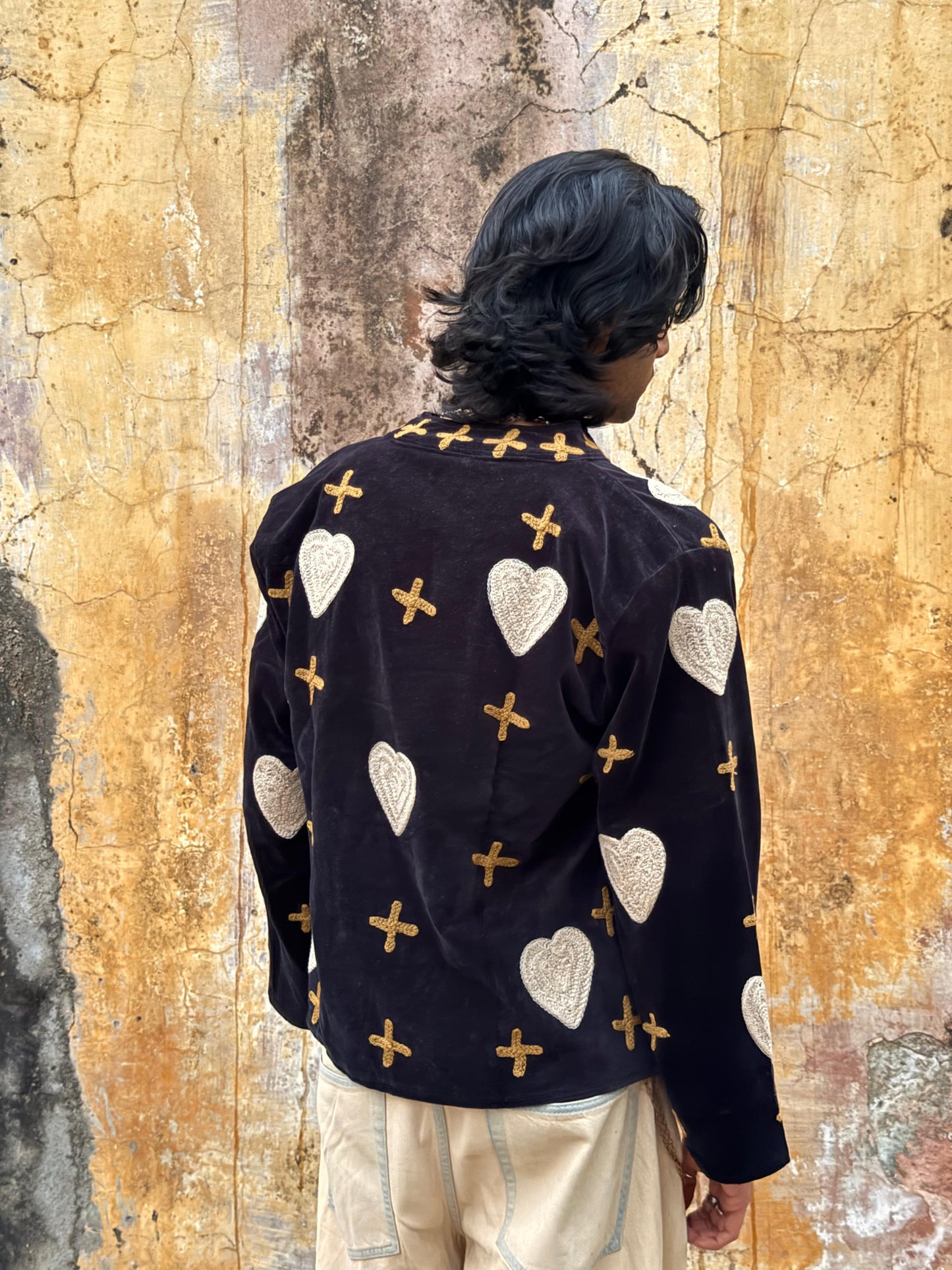 Velvet Kantha Hearts Embroidery Pintresty Patchworked Jacket