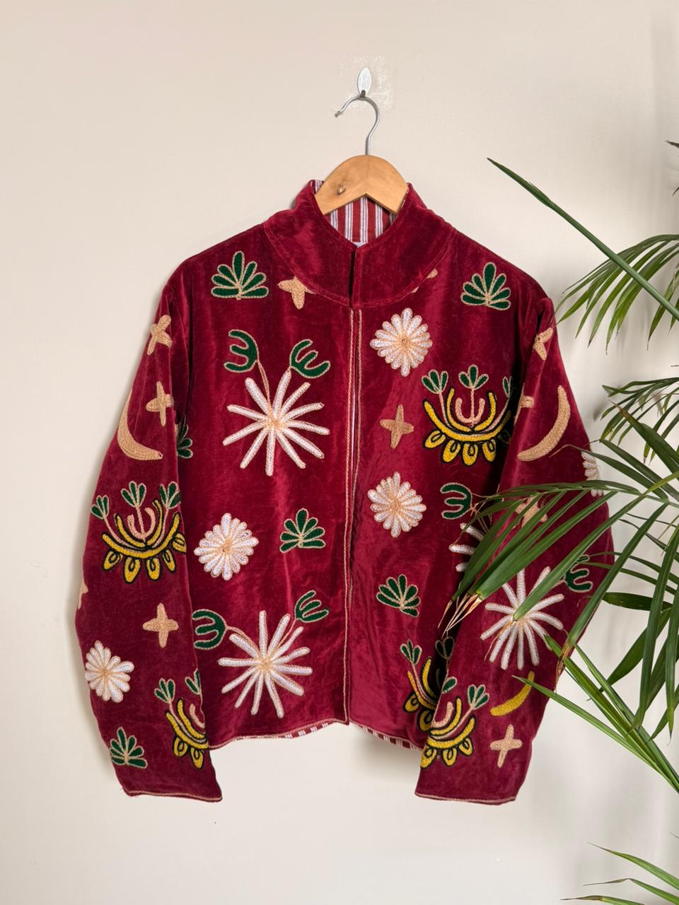 Velvet Kantha Patchworked Embroidery Animal Print Jacket