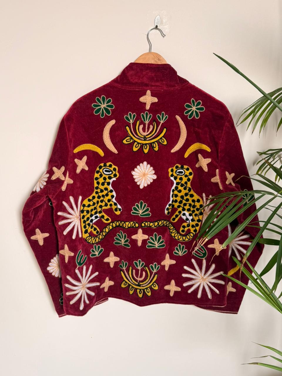 Velvet Kantha Patchworked Embroidery Animal Print Jacket