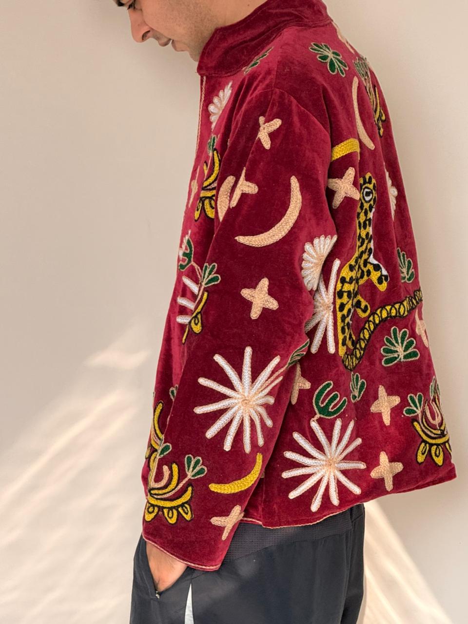 Velvet Kantha Patchworked Embroidery Animal Print Jacket