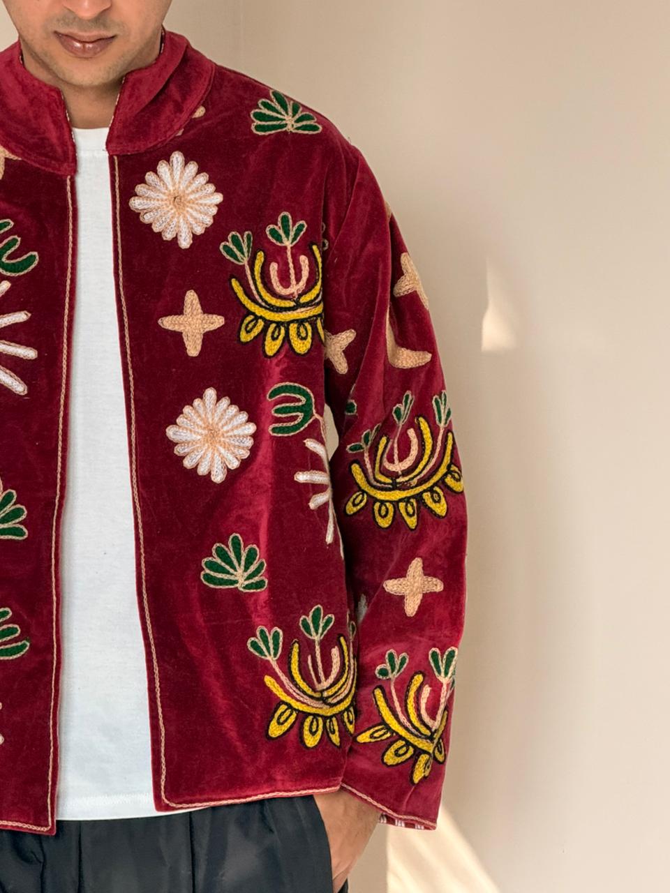 Velvet Kantha Patchworked Embroidery Animal Print Jacket