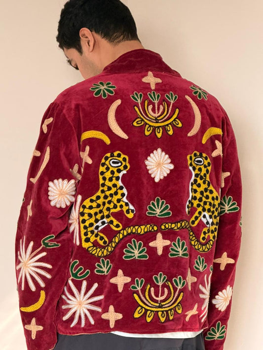 Velvet Kantha Patchworked Embroidery Animal Print Jacket