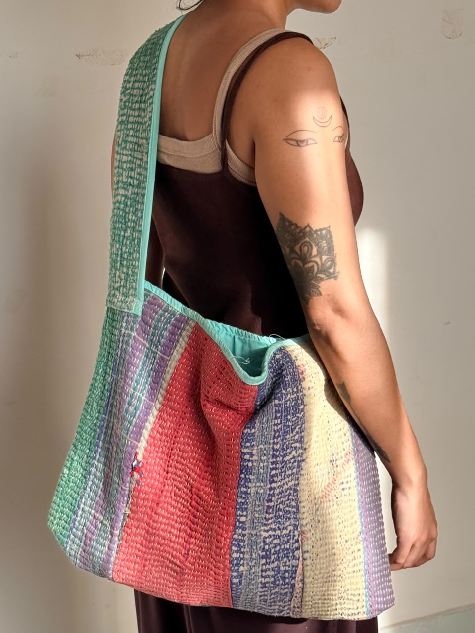 Crossbody sling tote bag : made of vintage kantha bedsheet