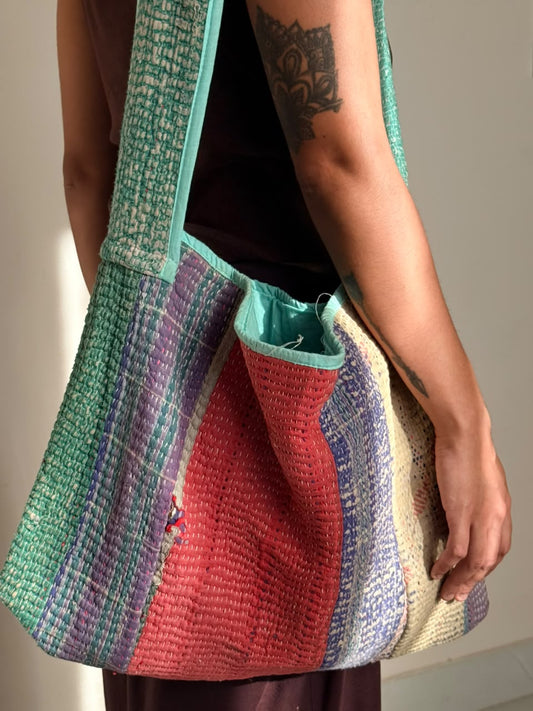 Crossbody sling tote bag : made of vintage kantha bedsheet