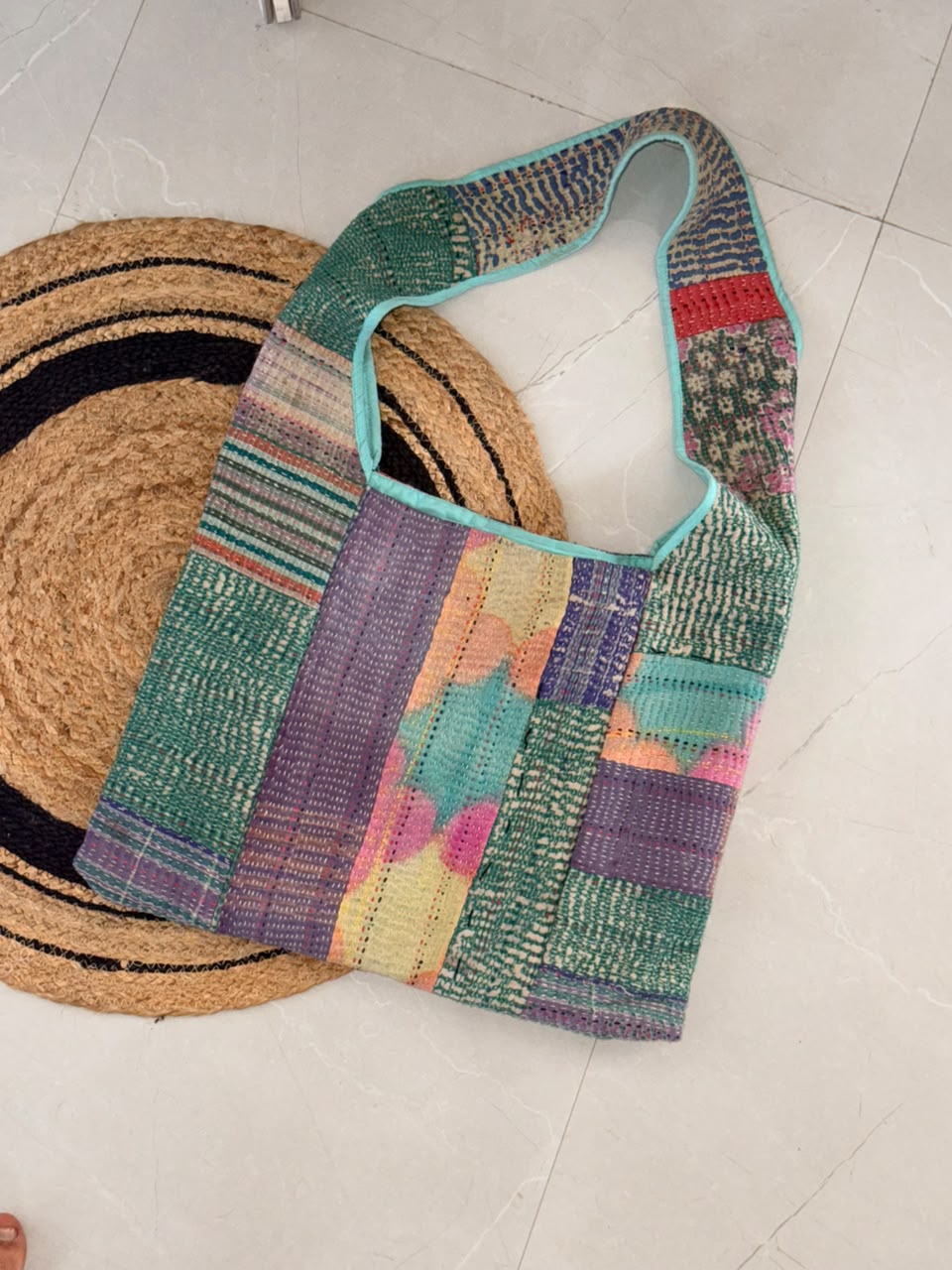 Crossbody sling tote bag : made of vintage kantha bedsheet - 2