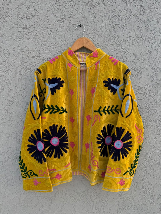 Velvet Patchworked Embroidery Mustard Haldi Jacket